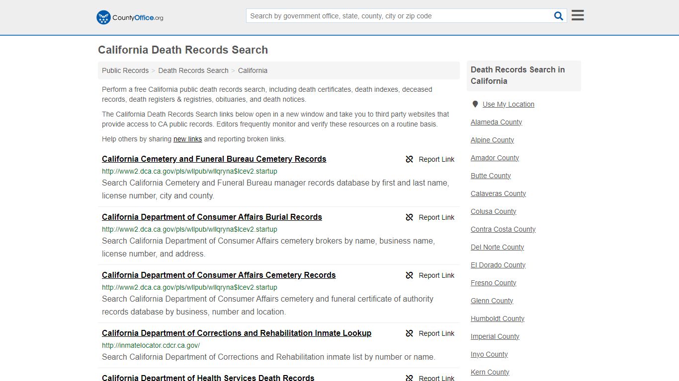 California Death Records Search - County Office